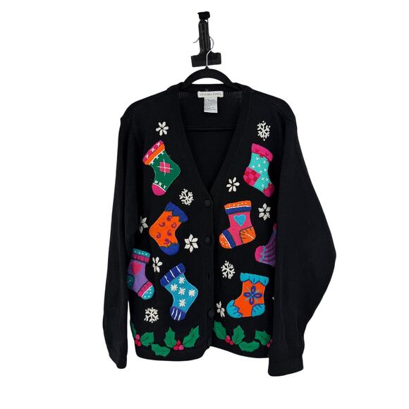 Vintage Victoria Jones Christmas Sweater Size M Black Embroidered Candy Canes - Picture 1 of 10